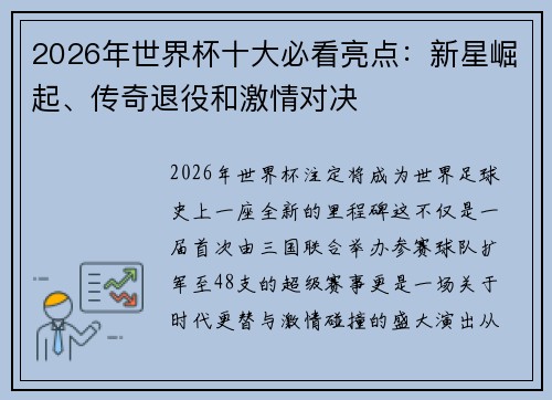 2026年世界杯十大必看亮点：新星崛起、传奇退役和激情对决