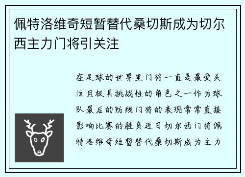 佩特洛维奇短暂替代桑切斯成为切尔西主力门将引关注