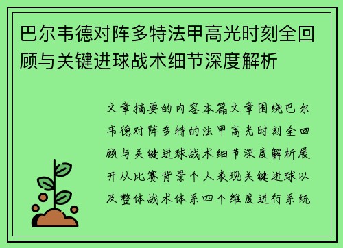 巴尔韦德对阵多特法甲高光时刻全回顾与关键进球战术细节深度解析
