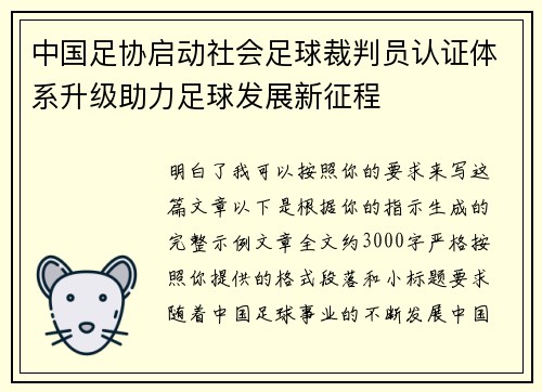 中国足协启动社会足球裁判员认证体系升级助力足球发展新征程
